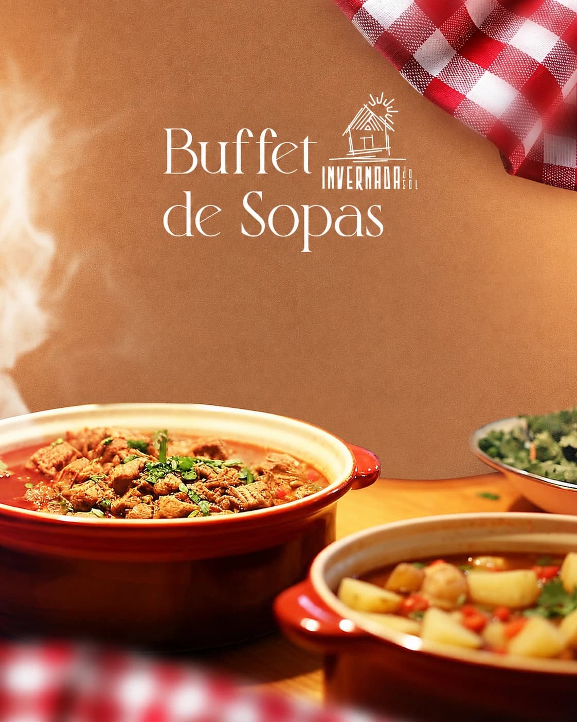 Buffet de Sopas da Invernada do Sol, com panelas de caldos quentes